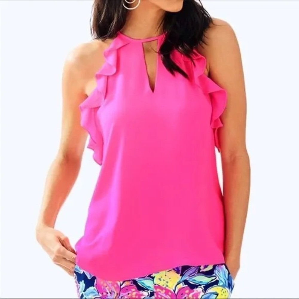 Lilly Pulitzer Padma Ruffle Top Hot Highlighter Pink Sleeveless Blouse Size S